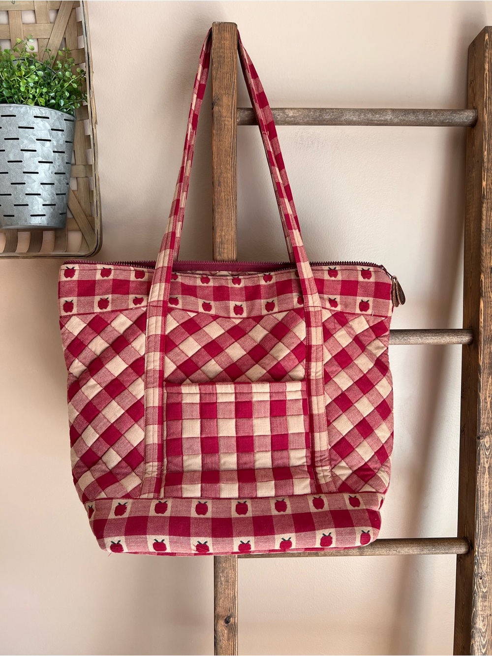 Park Designs Large Quilted Red Check Pattern Tote Bag with Apple Accent
